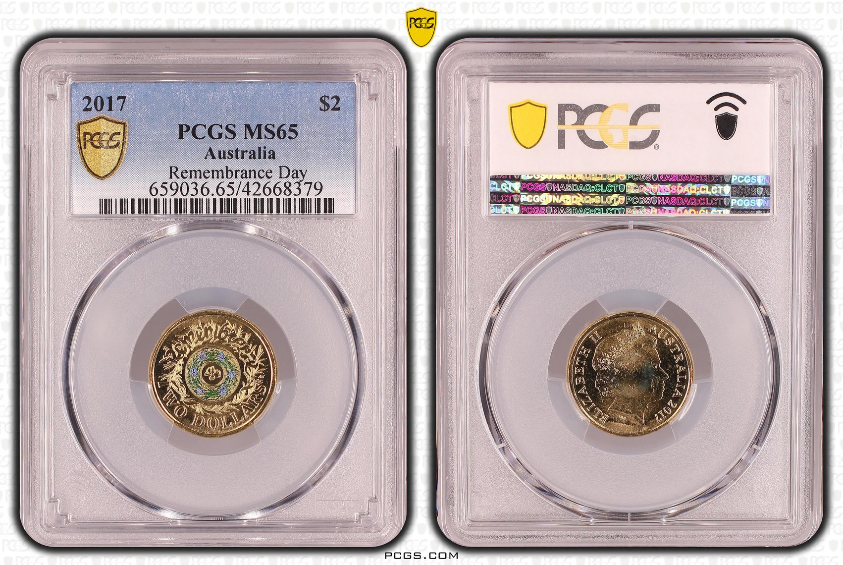 2017 $2 Coloured Remembrance Day Rosemary PCGS Graded Coin MS65